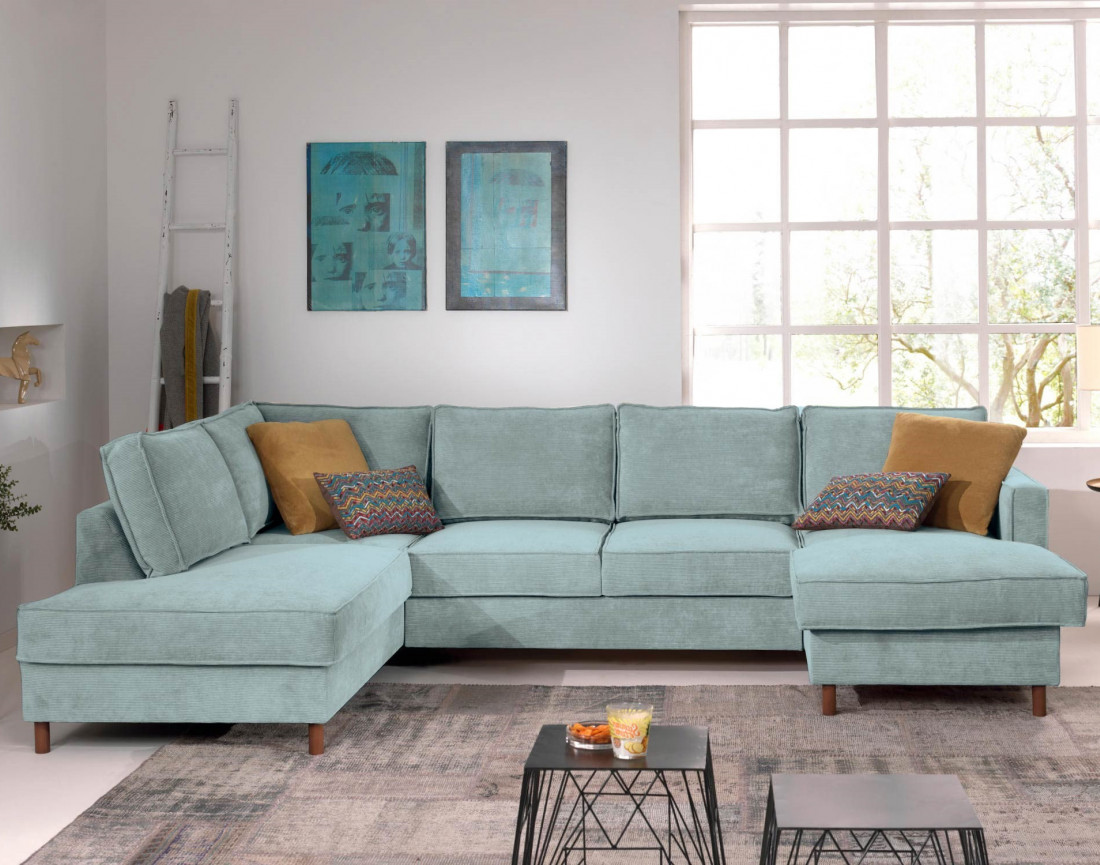 Canapé panoramique d'angle gauche convertible avec coffre 7 places en velours côtelé Jake