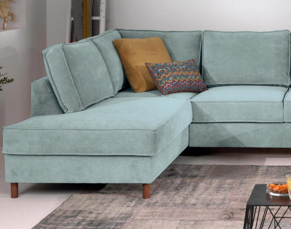 Canapé panoramique d'angle gauche convertible avec coffre 7 places en velours côtelé Jake