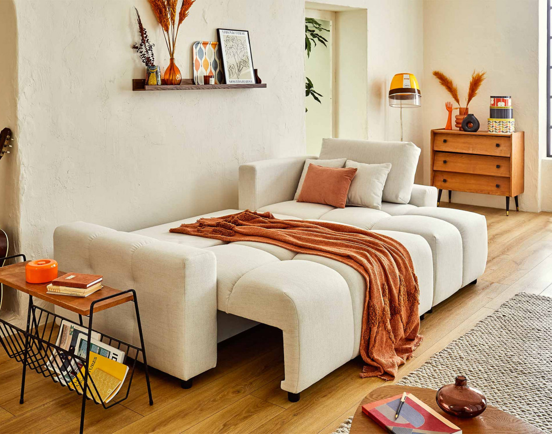 Canapé d'angle réversible convertible avec coffre 4 places en tissu Crocus