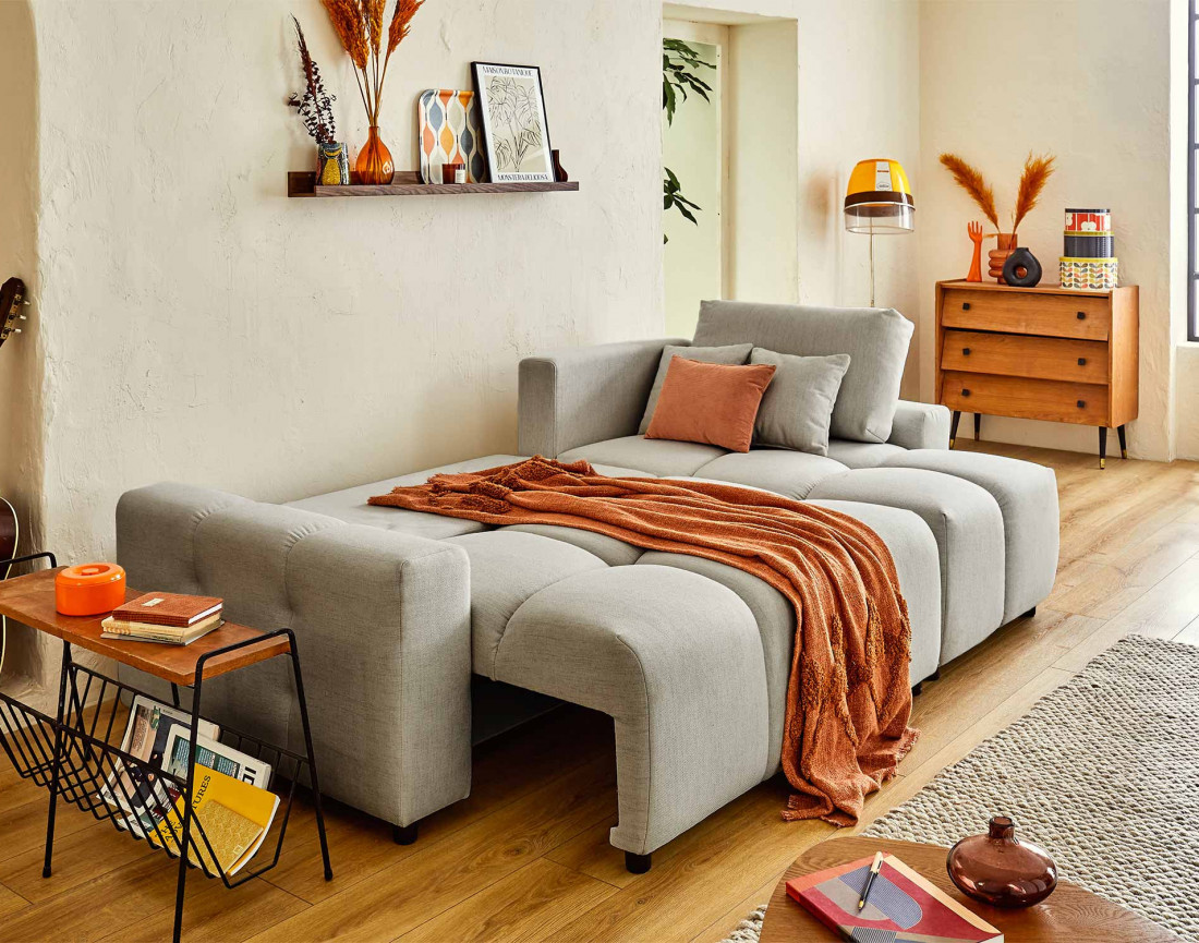 Canapé d'angle réversible convertible avec coffre 4 places en tissu Crocus