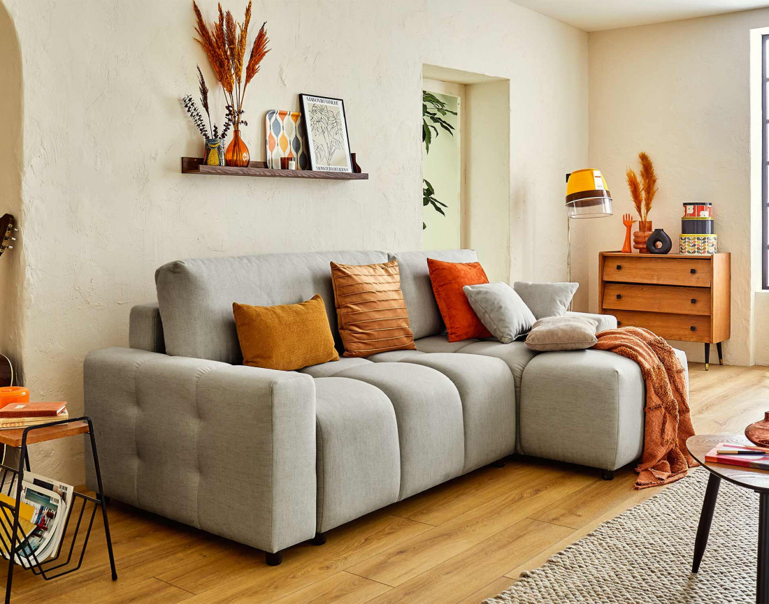 Canapé d'angle réversible convertible avec coffre 4 places en tissu Crocus