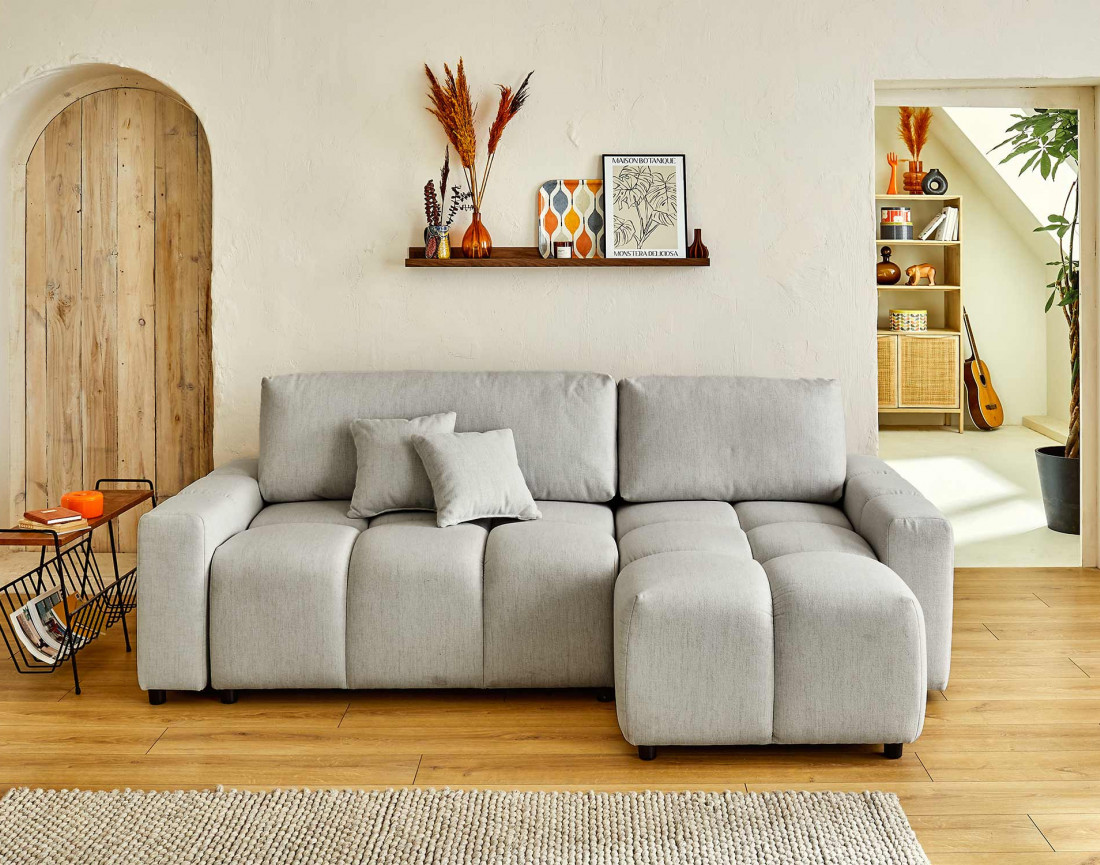 Canapé d'angle réversible convertible avec coffre 4 places en tissu Crocus