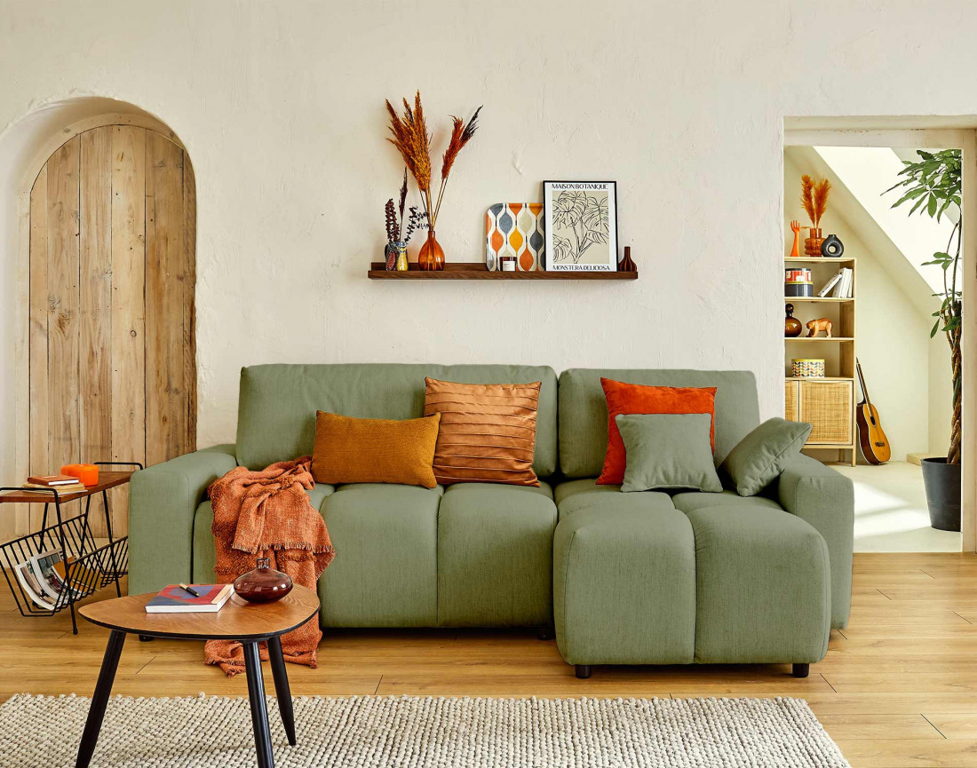 Canapé d'angle réversible convertible avec coffre 4 places en tissu Crocus