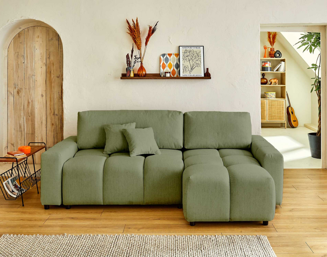 Canapé d'angle réversible convertible avec coffre 4 places en tissu Crocus