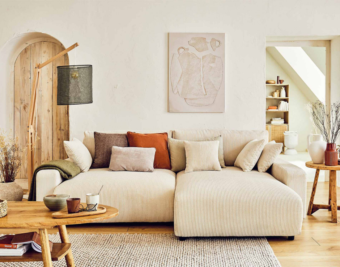 Canapé d'angle réversible convertible avec coffre 4 places en velours côtelé Pivoine