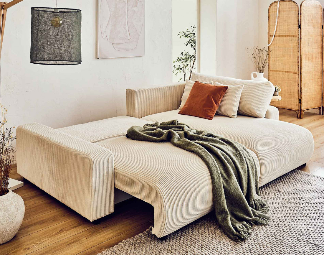 Canapé d'angle réversible convertible avec coffre 4 places en velours côtelé Pivoine