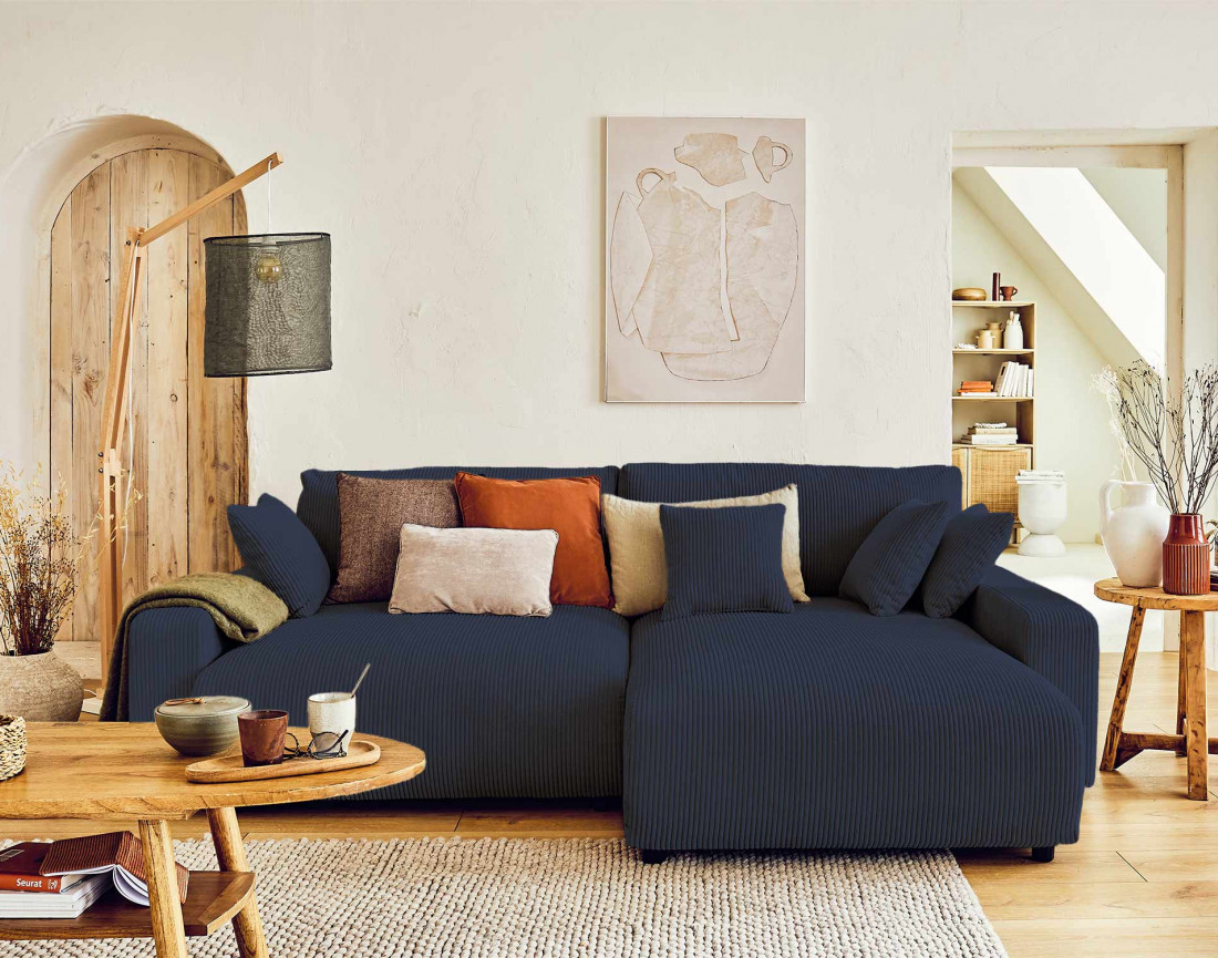 Canapé d'angle réversible convertible avec coffre 4 places en velours côtelé Pivoine