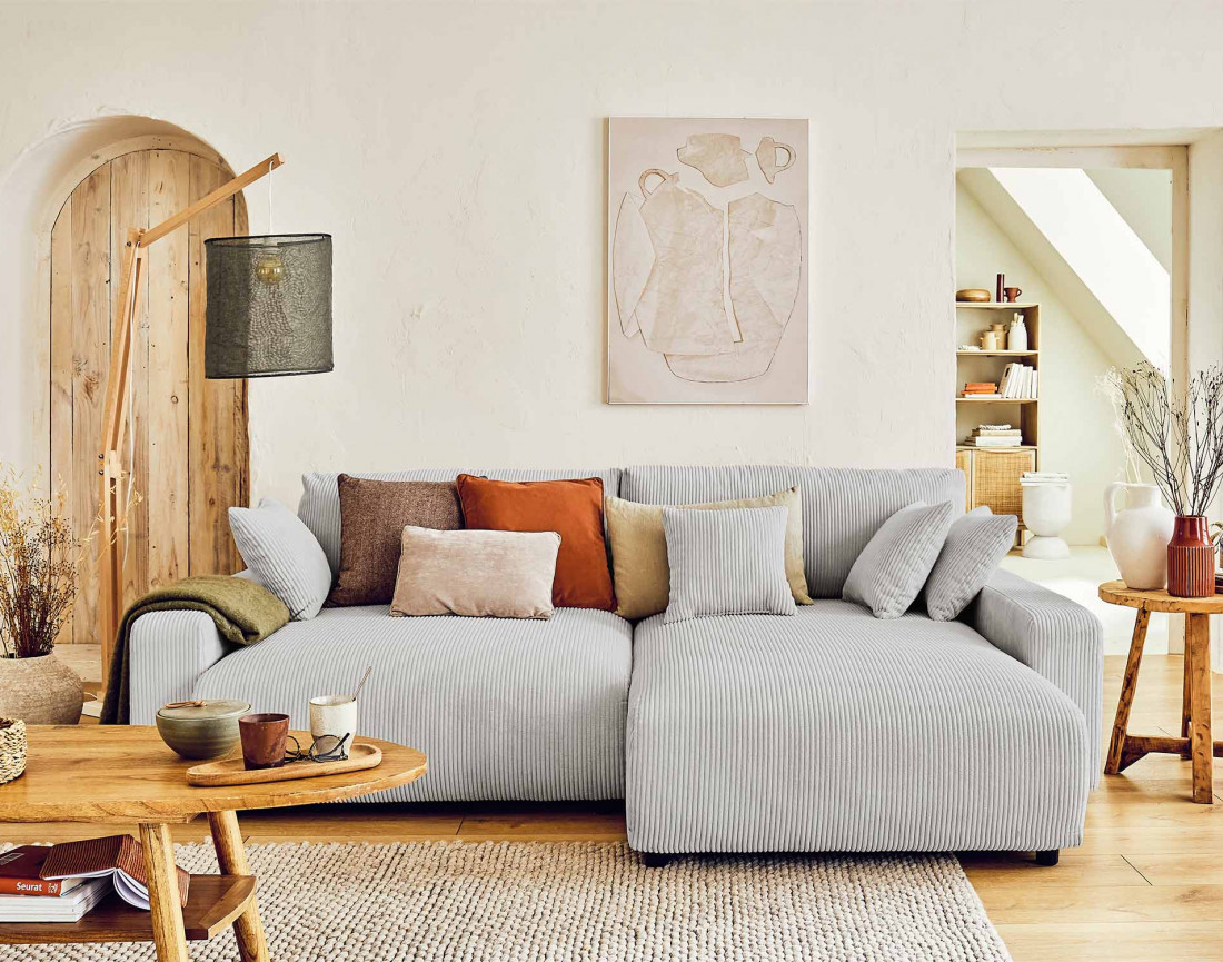 Canapé d'angle réversible convertible avec coffre 4 places en velours côtelé Pivoine