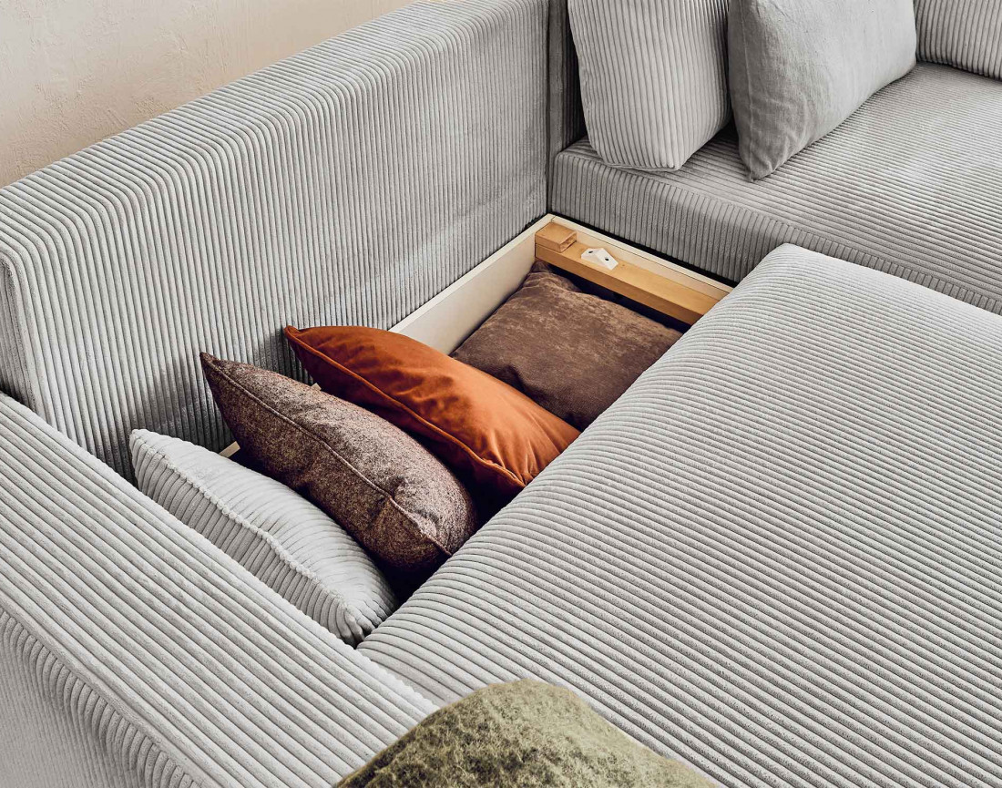 Canapé d'angle réversible convertible avec coffre 4 places en velours côtelé Pivoine