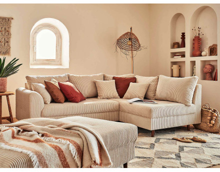 Canapé d'angle droit - 4 places - avec pouf d'appoint - en velours côtelé - Rune