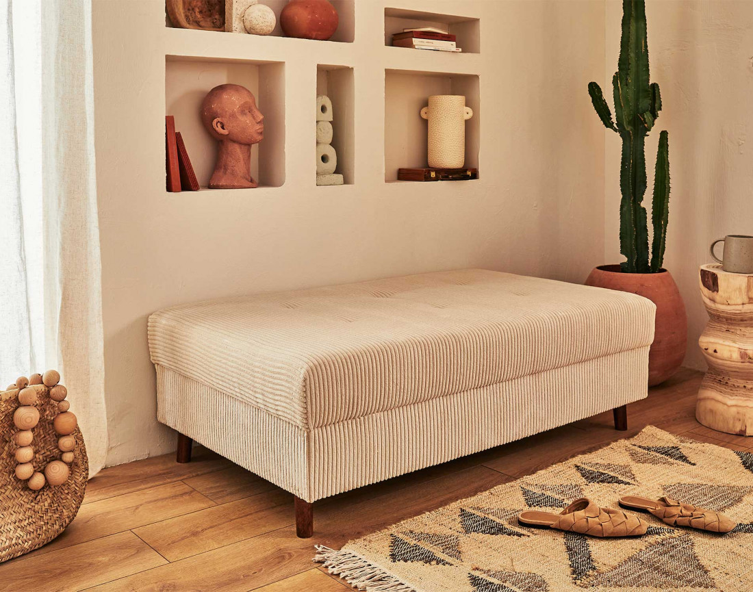 Canapé d'angle droit - 4 places - avec pouf d'appoint - en velours côtelé - Rune