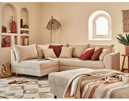 Canapé d'angle gauche - 4 places - avec pouf d'appoint - en velours côtelé - Rune