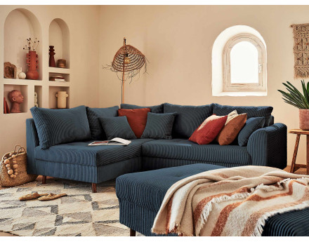 Canapé d'angle gauche - 4 places - avec pouf d'appoint - en velours côtelé - Rune