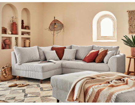 Canapé d'angle gauche - 4 places - avec pouf d'appoint - en velours côtelé - Rune