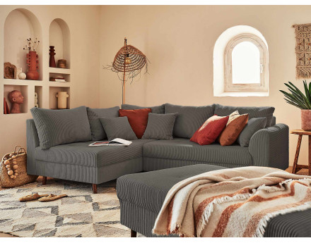 Canapé d'angle gauche - 4 places - avec pouf d'appoint - en velours côtelé - Rune