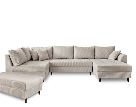 Canapé panoramique d'angle gauche 7 places avec pouf d'appoint - en velours côtelé - Rune