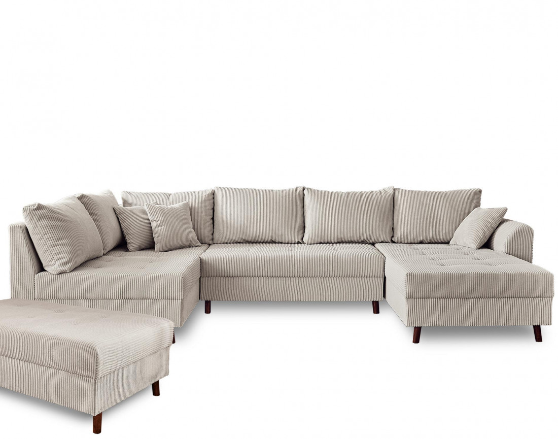 Canapé panoramique d'angle gauche 7 places avec pouf d'appoint - en velours côtelé - Rune