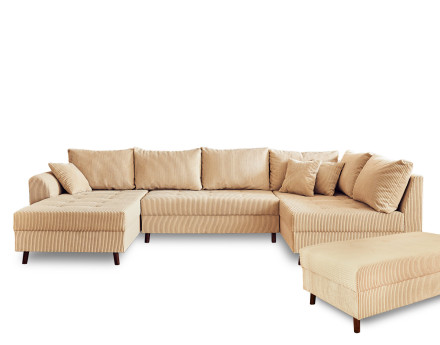 Canapé panoramique d'angle droit 7 places - avec pouf d'appoint - en velours côtelé - Rune