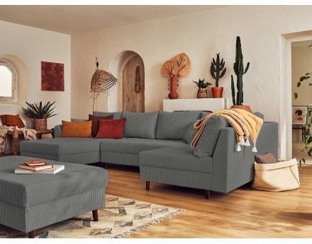 Canapé panoramique d'angle droit 7 places - avec pouf d'appoint - en velours côtelé - Rune