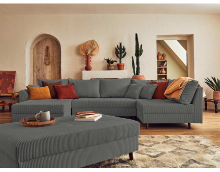 Canapé panoramique d'angle droit 7 places - avec pouf d'appoint - en velours côtelé - Rune