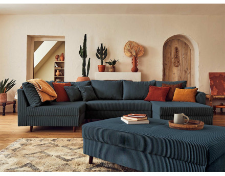 Canapé panoramique d'angle gauche 7 places avec pouf d'appoint - en velours côtelé - Rune