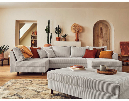 Canapé panoramique d'angle gauche 7 places avec pouf d'appoint - en velours côtelé - Rune