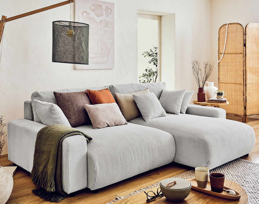 Canapé d'angle réversible convertible avec coffre 4 places en velours côtelé Pivoine