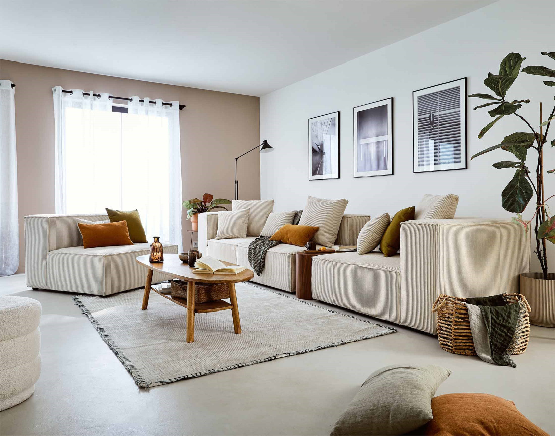 Canapé modulable d'angle gauche 6 places en velours côtelé Colombine