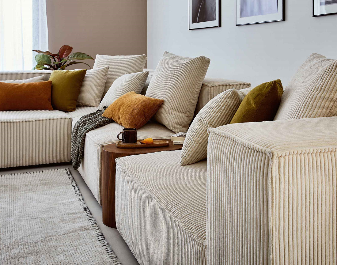 Canapé modulable d'angle gauche 6 places en velours côtelé Colombine