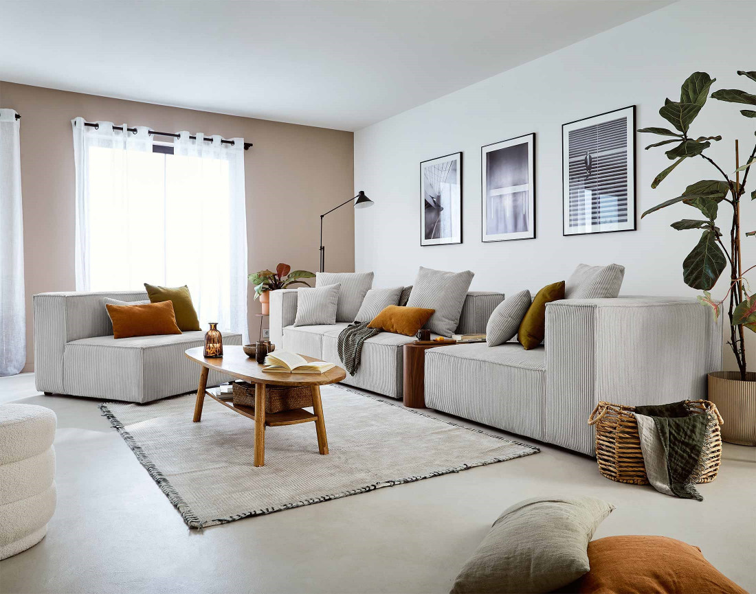 Canapé modulable d'angle gauche 6 places en velours côtelé Colombine