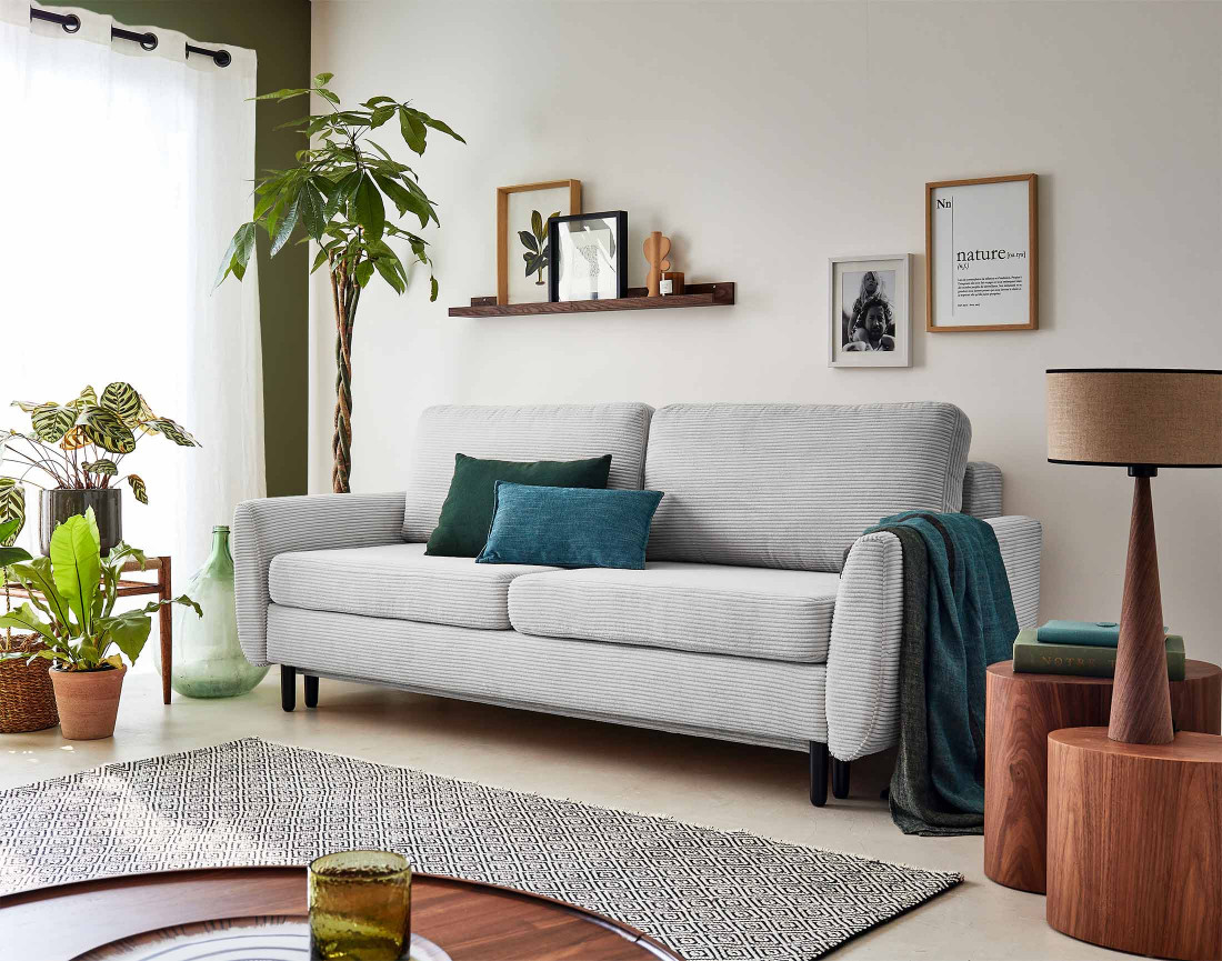 Canapé 3 places convertible avec coffre en velours côtelé Dan