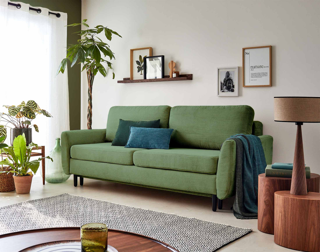 Canapé 3 places convertible avec coffre en velours côtelé Dan