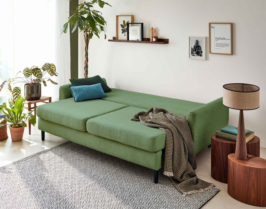 Canapé 3 places convertible avec coffre en velours côtelé Dan