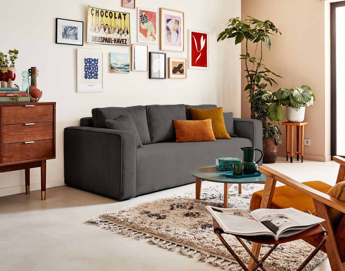 Canapé 3 places convertible avec coffre en velours côtelé Topaze