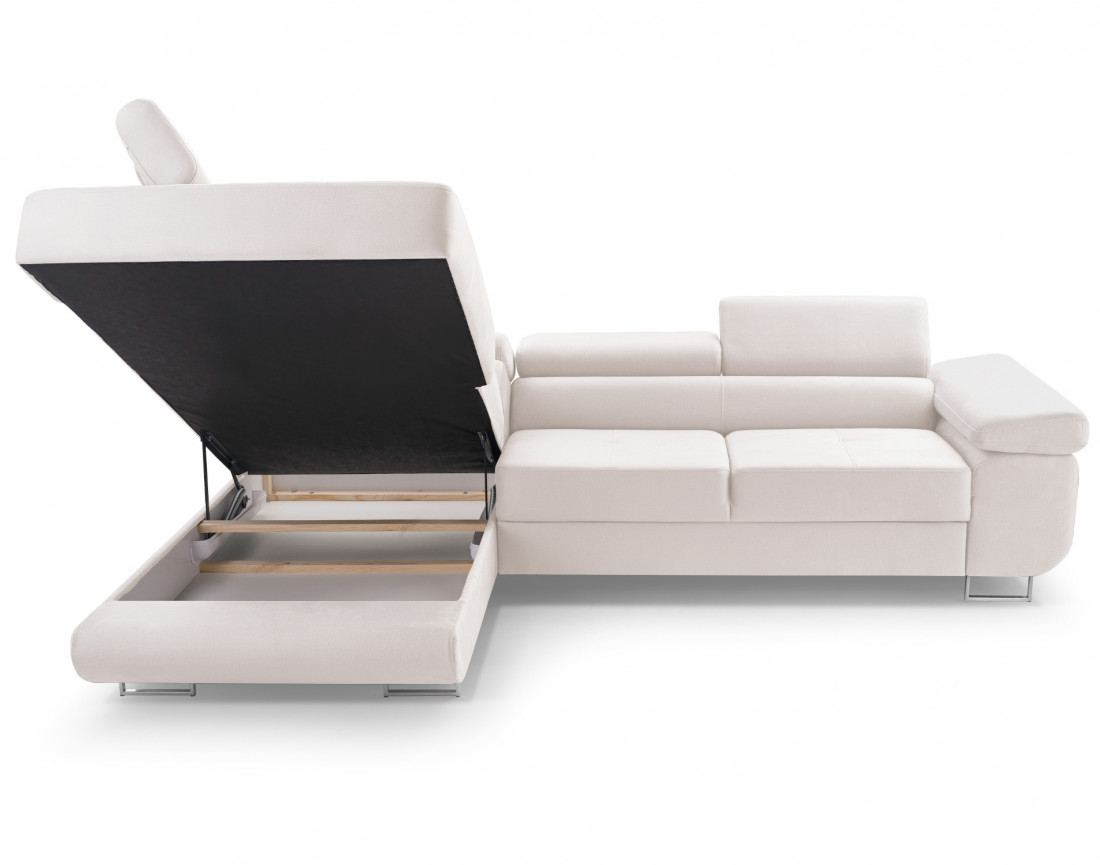 Pablo - canapé d'angle gauche en velours convertible avec coffre et têtières réglables 5 places - style contemporain