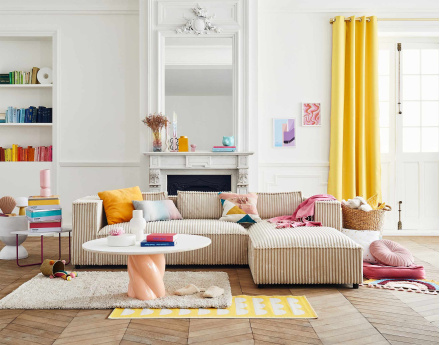 Canapé d'angle droit 4 places en velours côtelé grosses côtes Stella