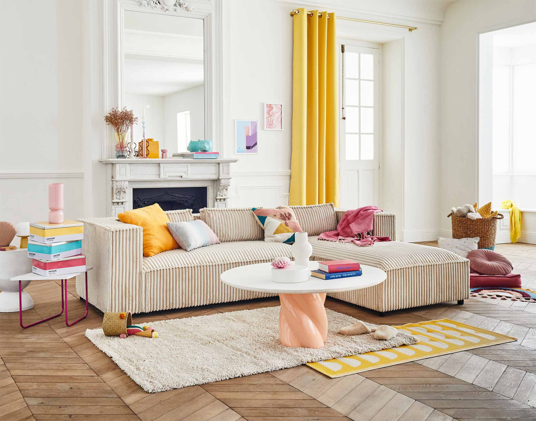 Canapé d'angle droit 4 places en velours côtelé grosses côtes Stella