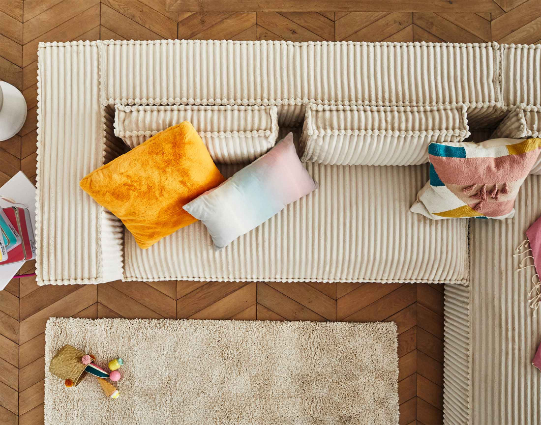 Canapé d'angle droit 4 places en velours côtelé grosses côtes Stella