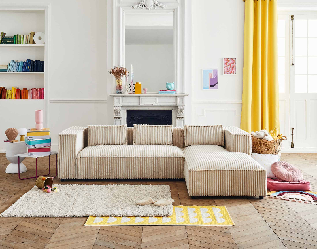 Canapé d'angle droit 4 places en velours côtelé grosses côtes Stella