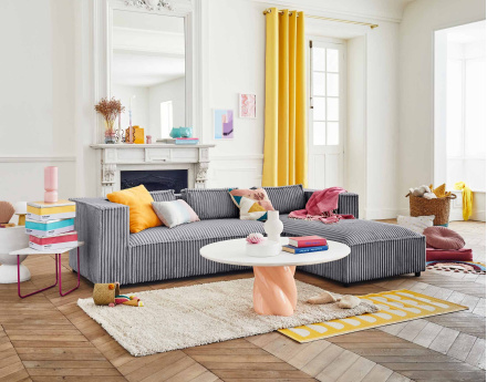 Canapé d'angle droit 4 places en velours côtelé grosses côtes Stella