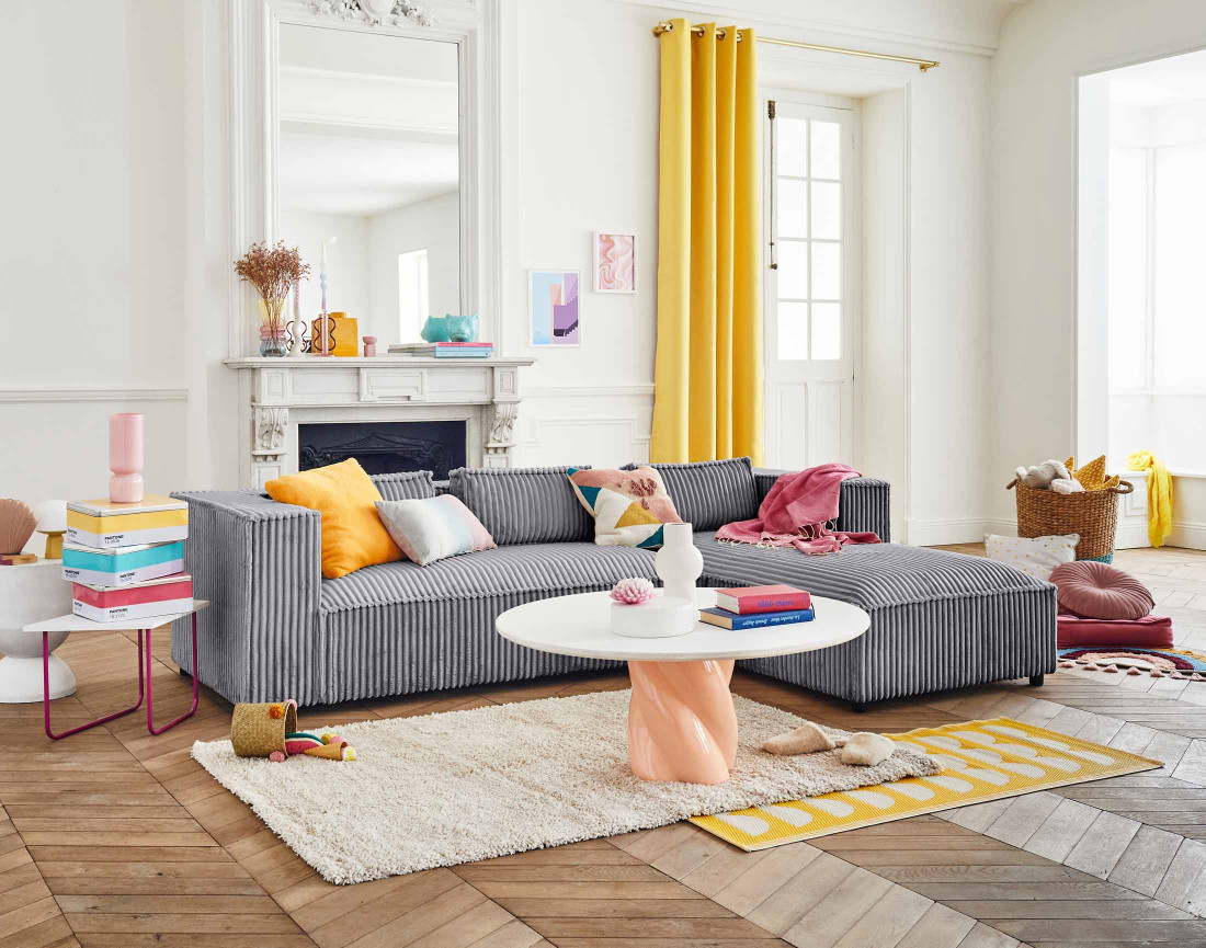 Canapé d'angle droit 4 places en velours côtelé grosses côtes Stella