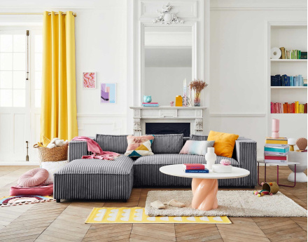 Canapé d'angle gauche 4 places en velours côtelé grosses côtes Stella