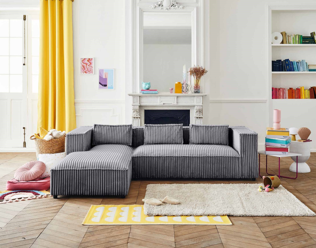 Canapé d'angle gauche 4 places en velours côtelé grosses côtes Stella