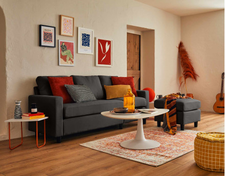 Canapé d'angle modulable 3 places + 1 pouf  en tissu - Vianon