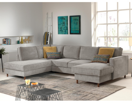 Canapé panoramique d'angle gauche convertible avec coffre 7 places en velours côtelé Jake