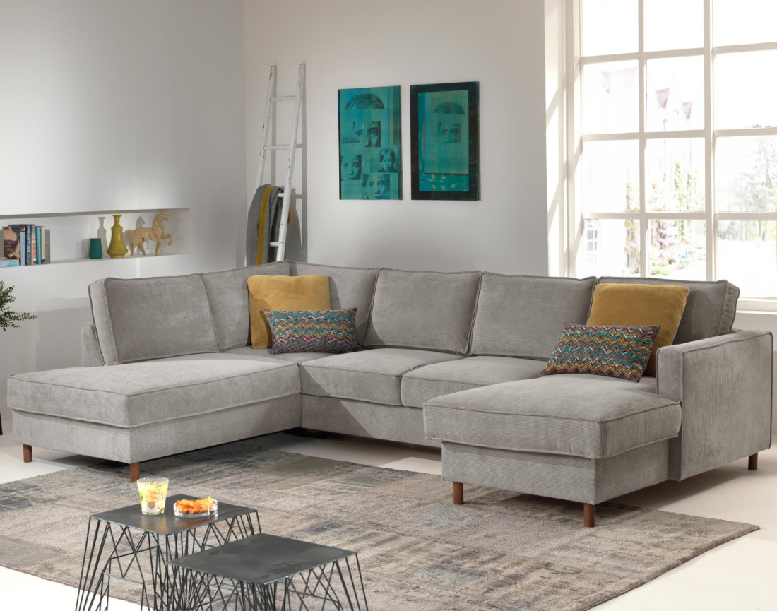 Canapé panoramique d'angle gauche convertible avec coffre 7 places en velours côtelé Jake