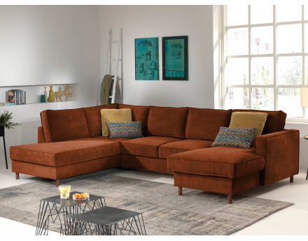 Canapé panoramique d'angle gauche convertible avec coffre 7 places en velours côtelé Jake