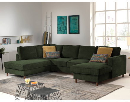 Canapé panoramique d'angle gauche convertible avec coffre 7 places en velours côtelé Jake