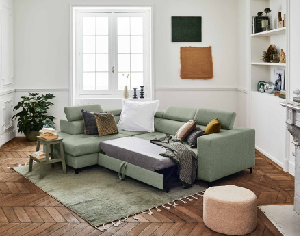 Canapé d'angle gauche 5 places convertible avec coffre et têtières en tissu Olinda