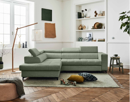 Canapé d'angle gauche 5 places convertible avec coffre et têtières en tissu Olinda